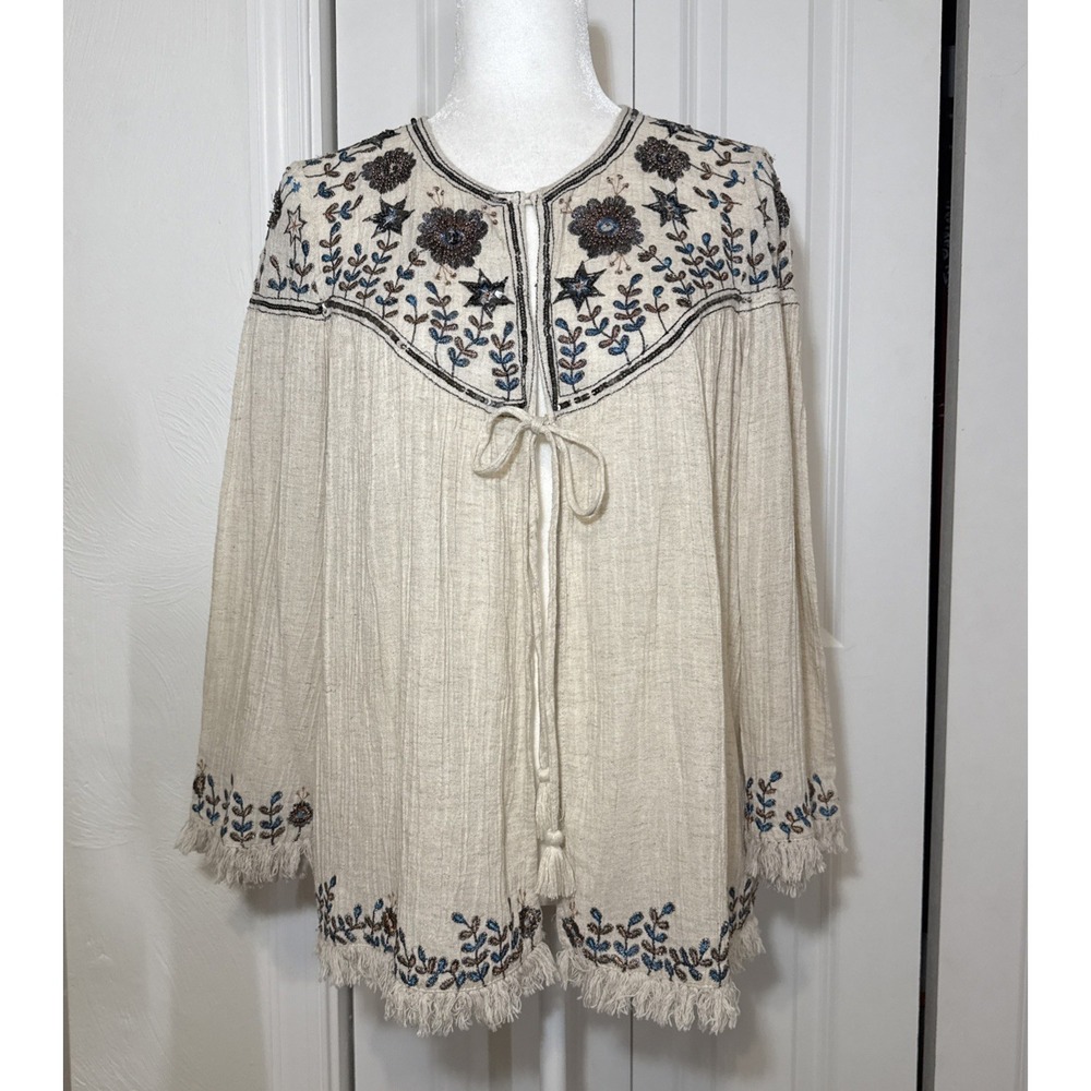 Zara Trafaluc Beaded Embroidered fringe Peasant Top Jacket Ivory Sz S Boho Hippi